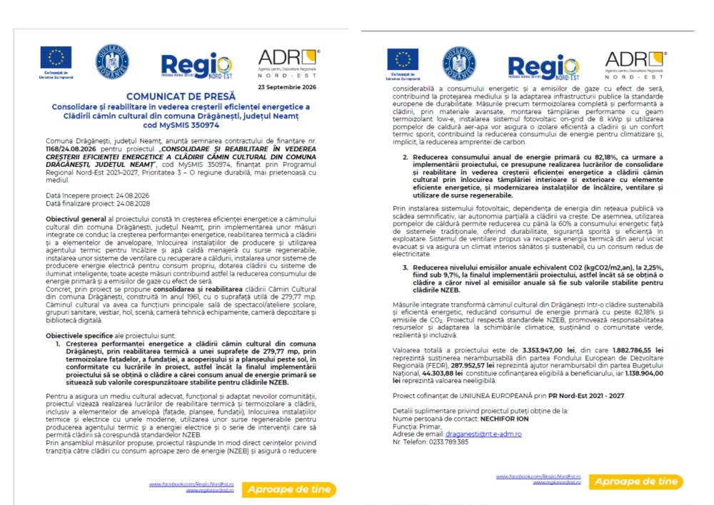 Consolidare și reabilitare în vederea creșterii eficienței energetice a clădirii cămin cultural din comuna Drăgănești, județul Neamț, cod MySMIS 350974.Pentru informații detaliate despre celelalte programe cofinanțate de Uniunea Europeană, vă invităm să vizitați https://mfe.gov.ro