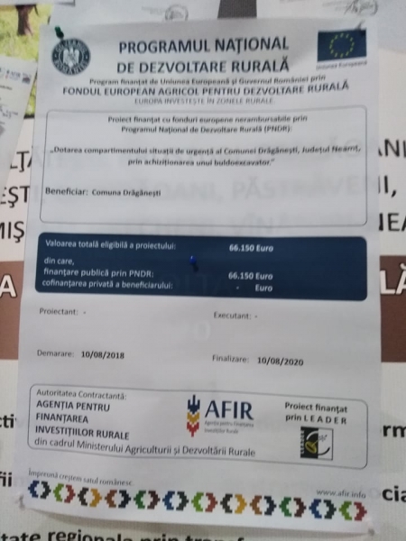 Proiect finanțat cu fonduri europene: „Dotarea compartimentului situații de urgență al Comunei Drăgănești, Județul Neamț, prin achiziționarea unui buldoexcavator”