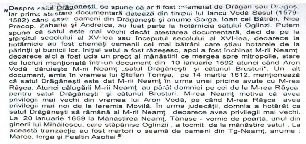 Date referitoare la istoricul satului de reşedinţă a comunei Drăgănești