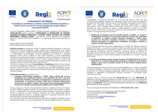Consolidare și reabilitare în vederea creșterii eficienței energetice a clădirii cămin cultural din comuna Drăgănești, județul Neamț, cod MySMIS 350974.Pentru informații detaliate despre celelalte programe cofinanțate de Uniunea Europeană, vă invităm să vizitați https://mfe.gov.ro